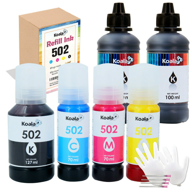6 Bottles Koala Ink Refill Kit Compatible with Epson 502 Ink + Extra 200ML Black  Ink Refill for EcoTank 502 ST-2000 ET-3760 2760 4760 3850 2850 4850 2750  2700 Printers, Compatible Replacement 542 Ink 
