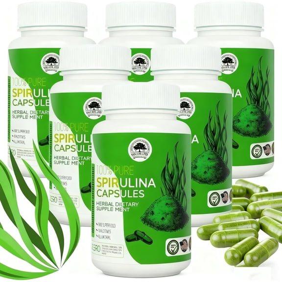 6 Bottles Spirulina Capsules, Premium Spirulina Supplement, Supports Immune System, Healthy Heart, Vegan, Gluten-Free Rich in Prebiotics, Protein 1,440 Capsules