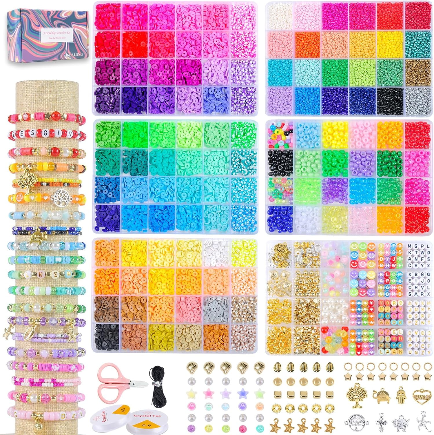 6 Box Set Friendship Bracelet Making Kit - 13000 Pcs, DIY Jewelry Making Set - Includes Clay, Seed, Pony Beads, Charms, and String