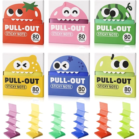 6 Boxes Glitter Transparent Sticky Notes, Fruit Monster Cartoon PullOut PopUp Sticky Notes, Assorted Color SelfStick Notes for Desk Office Journal Supplies