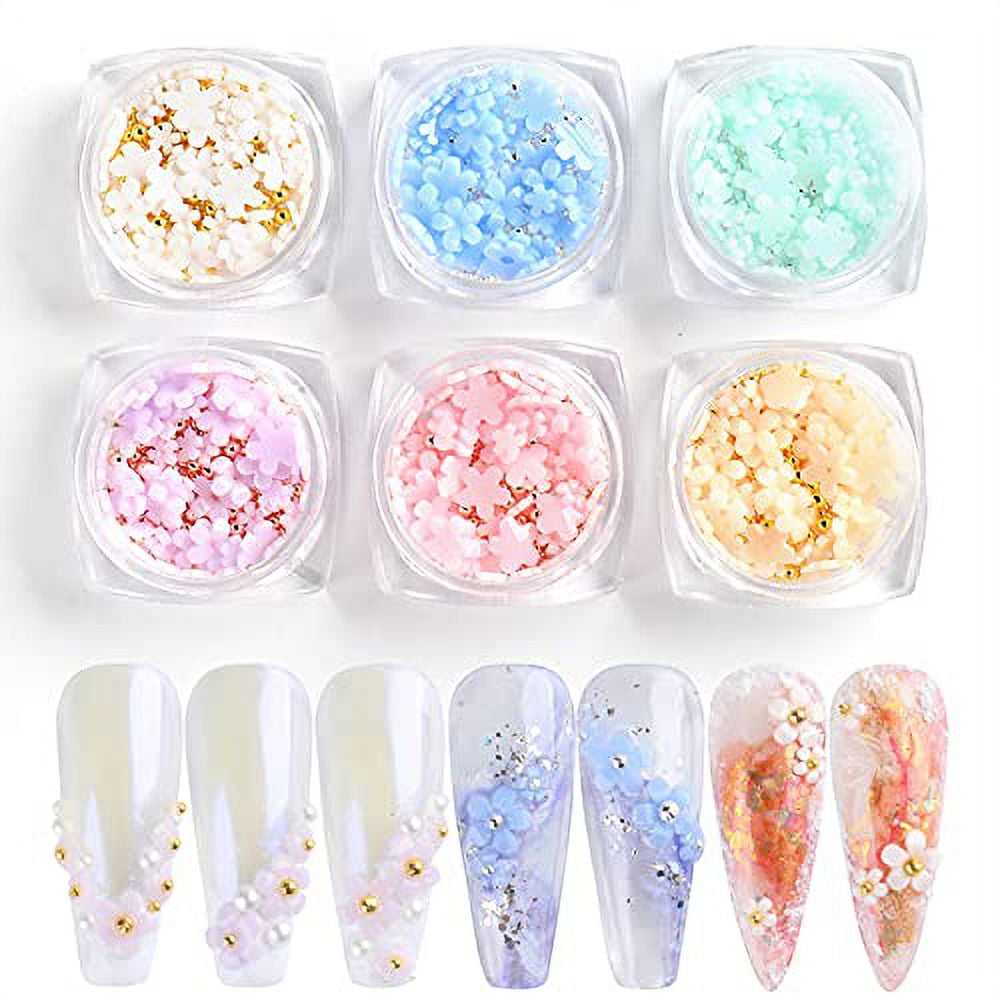 3D Flower Caviar Beads Pearl Nail Art Charms, 6 Jars Light Change Nail  Decals for Acrylic Nail Art Accessories Glitter Nail Supplies Stud Design