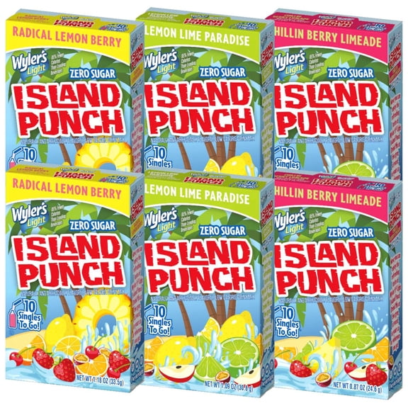 6 Boxes Wylers Light Drink Mix Variety Pack 2 Radical Lemon Berry, 2 Chillin Berry Limeade, 2 Lemon Lime Paradise Sugar Free Powdered Drink Mix Singles To Go Water Flavor Packets