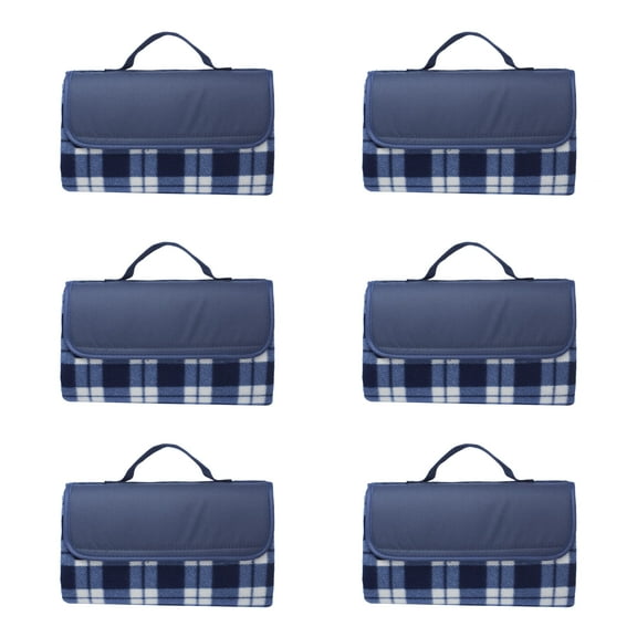 6 Brookhaven Roll Up Picnic Blankets Set - Fleece, Woven Handle - Navy Blue