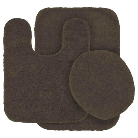 #6 Brown 3-Piece Bathroom Mat Rug With Lid Cover Set, Plain Embossed Large Rug , Contour Mat , and Toilet Lid Cover with Rubber Backing