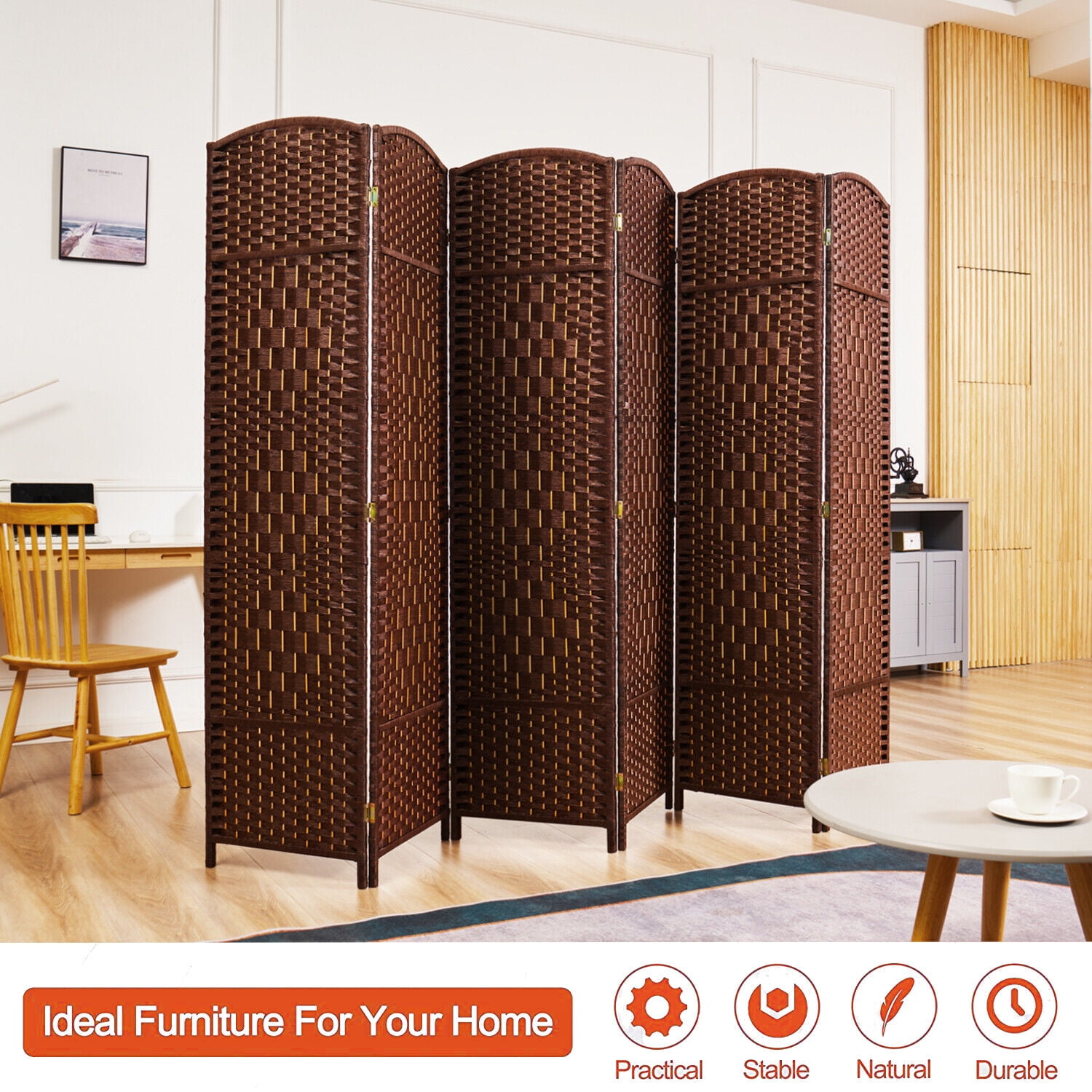6 Brown Room Divider, 5.7 Foot Wooden Fiber Handmade Rattan Partition