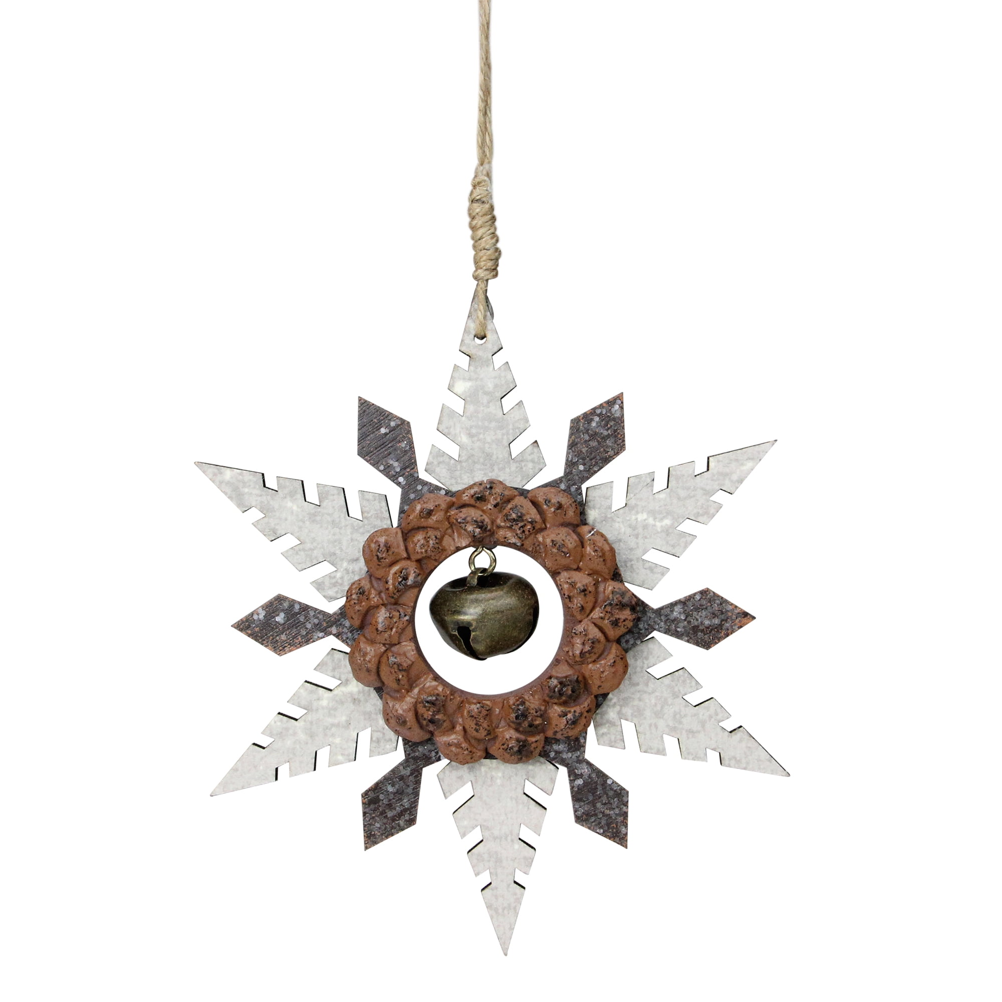 6" Brown Wooden Snowflake Christmas Ornament with a Country Rustic Bell