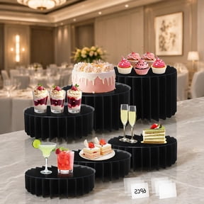 6 Buffet Risers, Foldable Cardboard Stands with Clear Plates, Tall Cupcake Display Stands for Dessert Table, Wedding Birthday Party Decoration, Black
