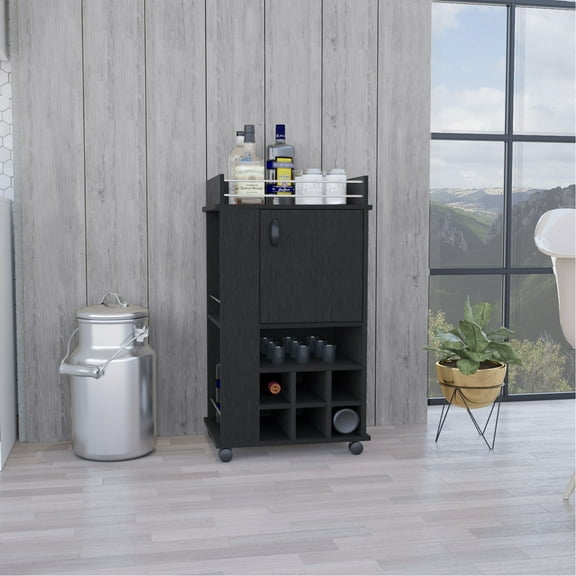 6 Built-in Wine Rack Bar Cart With Cabinet And , Black Modern Appeal Built-in , Rolling