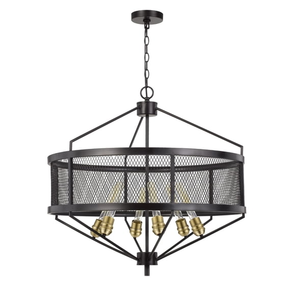 6 Bulb Chandelier with Metal Drum Mesh Shade, Black - Saltoro Sherpi