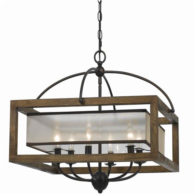 24" Brown Wood and Crystal Square Chandelier with Organza Shade