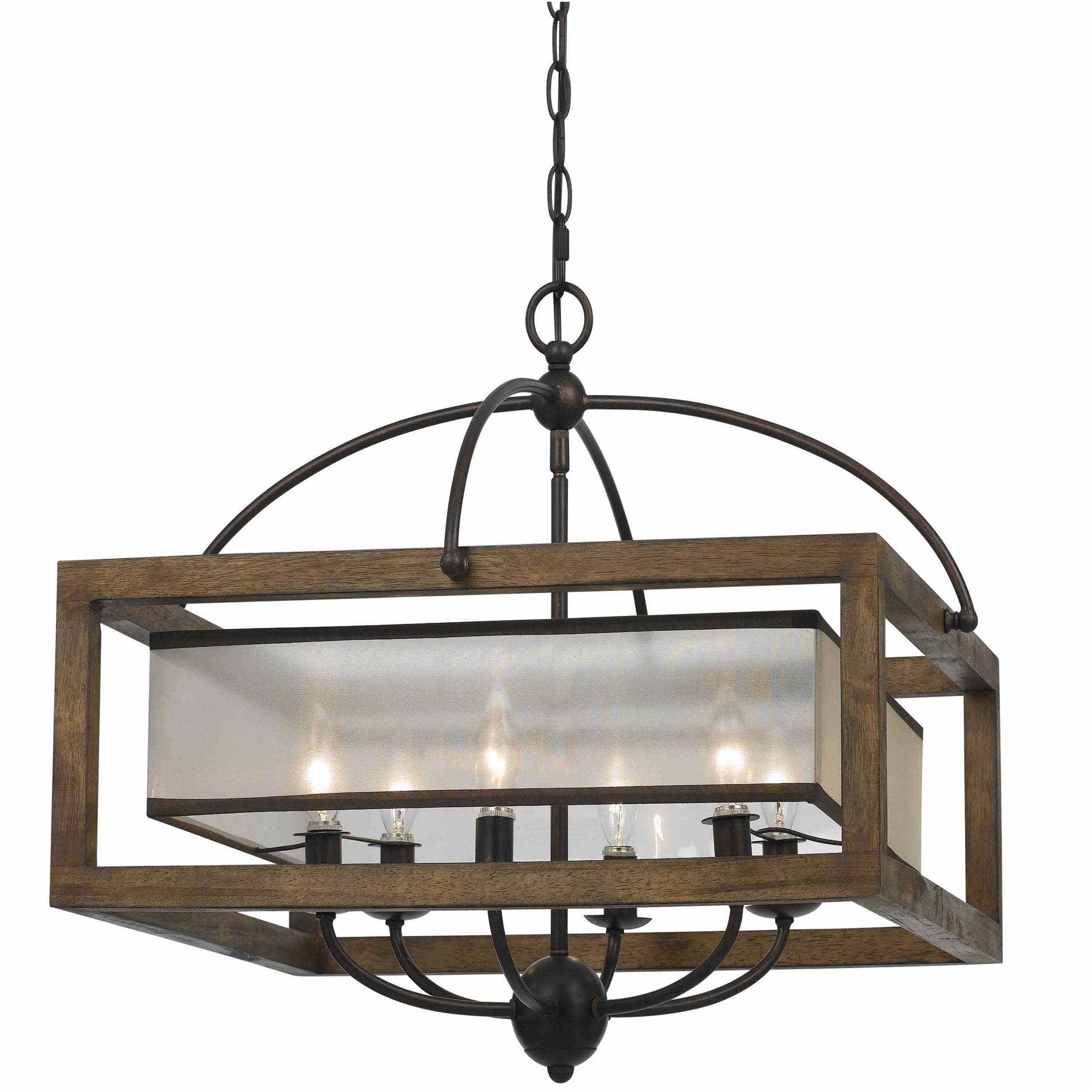 6 Bulb Square Chandelier with Wooden Frame and Organza Striped Shade, Brown - image 1 of 5