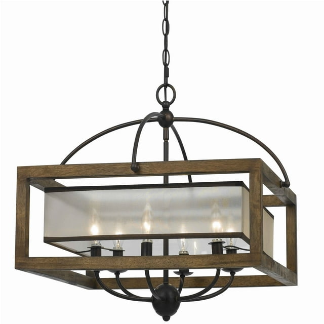 6 Bulb Square Chandelier with Wooden Frame and Organza Striped Shade, Brown