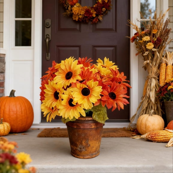 6 Bundles 30 Heads Sunflowers Artificial Flowers Fake Mums Faux Fall Flowers for Outdoors UV Resistant Silk Sunflower for Vase Autumn Wedding Porch Garden Indoor Outside Decor (3 Orange+3 Yellow)