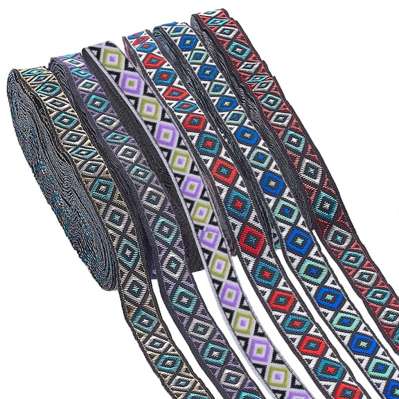 6 Bundles 6 Colors Ethnic Style Polyester Ribbon Embroidery Ancient Hanfu Lace Ribbon Rhombus Pattern Mixed Color 1/2 inch(12mm)