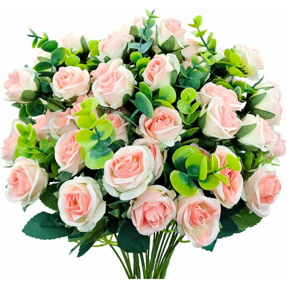 6 Bundles 6Heads Artificial Silk Rose Flowers with Fake Eucalyptus Leaves Floral for Wedding Centerpiece Bouquet Home Arrangements Valentine's Day Indoor Vase Table Decorations (Pink)