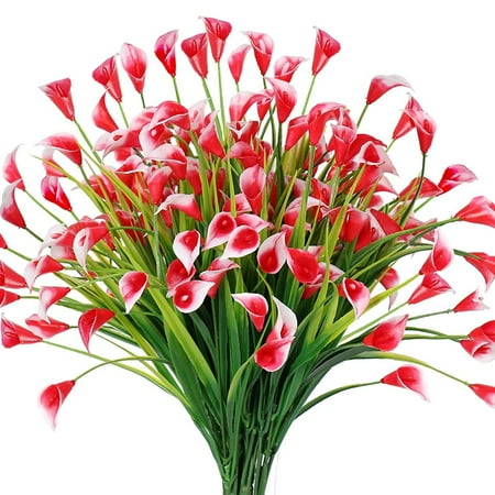 6 Bundles Artificial Calla Lily Flowers for Outdoors, UV Resistant Faux Fake Plants Plastic Spring Summer Flower Indoor Outside Hanging Planter Home Garden Porch Decor(Red)
