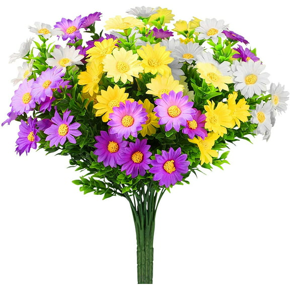 6 Bundles Artificial Daisies Flowers, Silk Cemetery Flower Daisy Memorial Bouquet for Grave Hanging Window Box Home Table Centerpieces Decor, Multi-Color