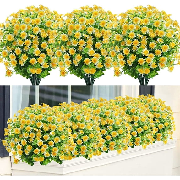 6 Bundles Artificial Daisy Flowers Outdoor Fake Flowers for Decoration No Fade Faux Plastic Flower Garden Porch Window Box Décor (Yellow)