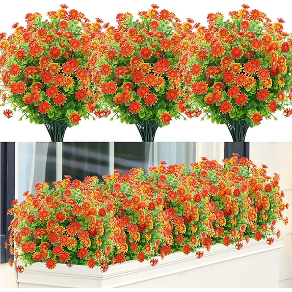 ZOELNIC 6 Bundles Artificial Daisies Flowers for Garden, UV Resistant Fake Greenery Decor for Window Indoor Office, Orange Red