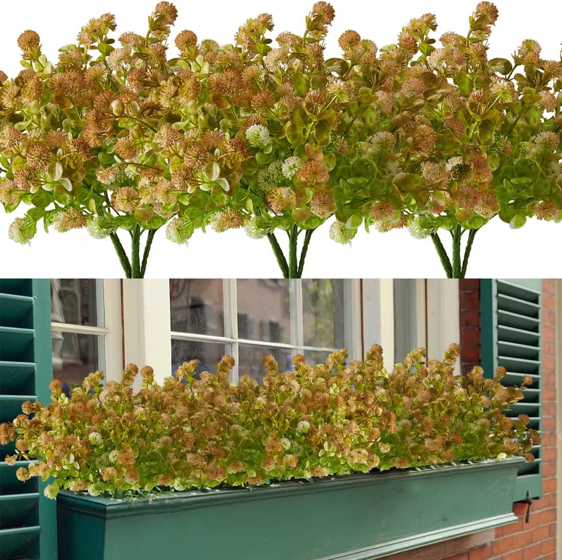 6 Bundles Artificial Eucalyptus Flowers, Fake Artificial Greenery UV Resistant No Fade Faux Plastic Plants for Wedding Bridle Bouquet Outdoor Home Garden Kitchen Office Table Vase(Brown)