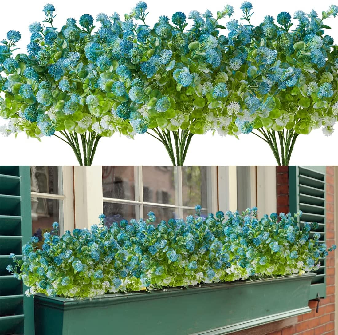 6 Bundles Artificial Eucalyptus Flowers, Fake Artificial Greenery UV Resistant No Fade Faux Plastic Plants for Wedding Bridle Bouquet Outdoor Home Garden Kitchen Office Table Vase(Brown)