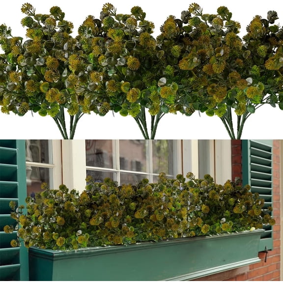 6 Bundles Artificial Eucalyptus Flowers, Fake Artificial Greenery UV Resistant No Fade Faux Plastic Plants for Wedding Bridle Bouquet Outdoor Home Garden Kitchen Office Table Vase(Brown)