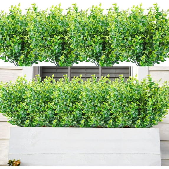 6 Bundles Artificial Eucalyptus Grasses for Spring Decoration, Outdoor UV Resistant Faux Plastic Greenery Boxwood Stems for Indoor Outside Window Box Porch Hanging Basket Decor (Green-eucalyptus)