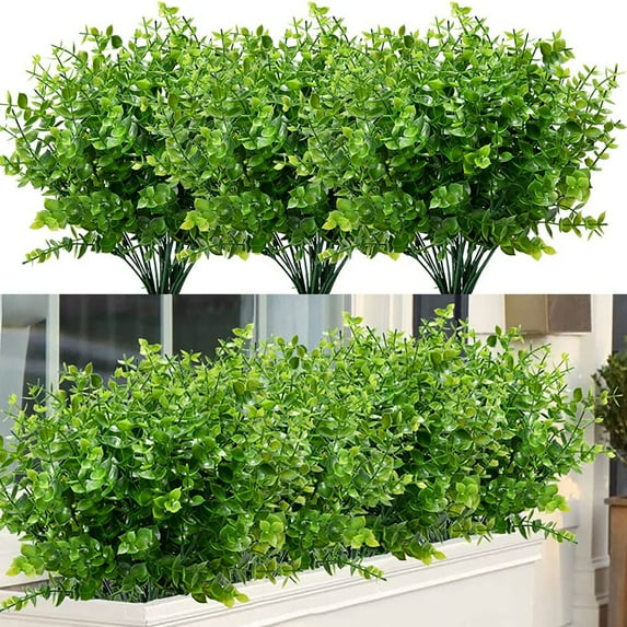 6 Bundles Artificial Fake Flowers Boxwood, Outdoor UV Resistant Greenery Shrubs Indoor Outside Hanging Planter Home Porch Garden Farmhouse Decor(Green Eucalyptus)