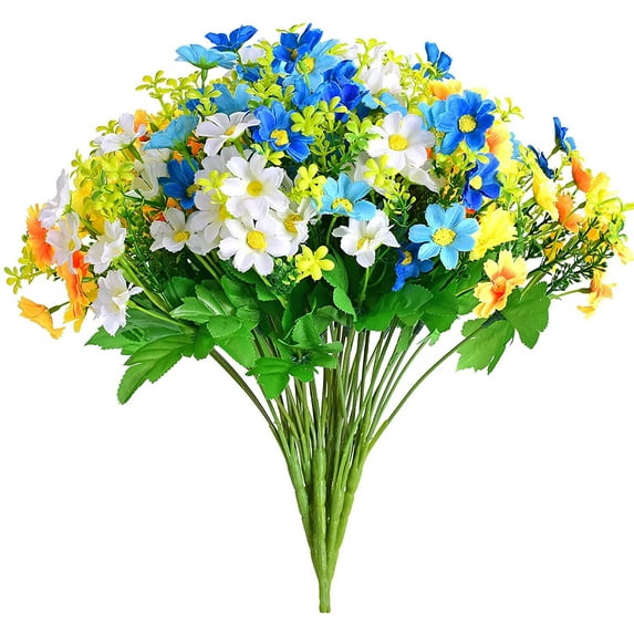 6 Bundles Artificial Fake Flowers Daisy Bouquets Outdoors Silk Faux Wild Colorful Flowers Daisies with Stems for Indoor Outside Home Garden Grave Cemetery Decor (Blue White & Yellow)