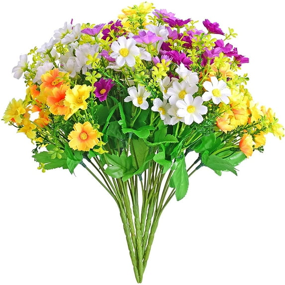 6 Bundles Artificial Fake Flowers Daisy Bouquets Outdoors Silk Faux Wild Colorful Flowers Daisies with Stems for Indoor Outside Home Garden Grave Cemetery Decor (Purple White & Yellow)