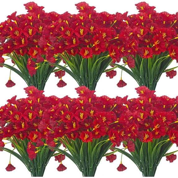 6 Bundles Artificial Fake Flowers for Outdoors UV Resistant Faux Silk Flowers Realistic Morning Glory Greenery Plants for Outside Garden Porch Hanging Planters Window Box Decoration (Deep Red)
