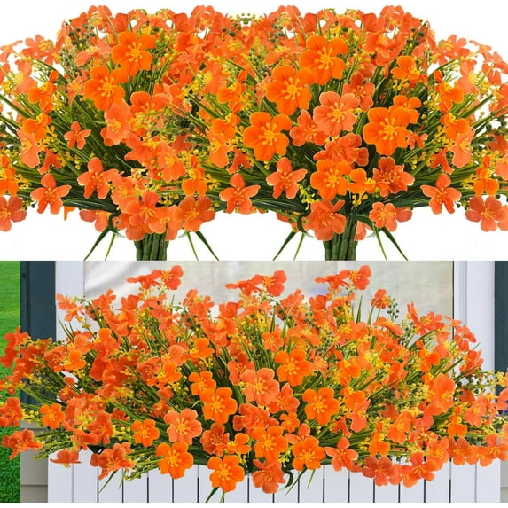 6 Bundles Artificial Fake Flowers UV Resistant Plastic Plants Silk Faux Flowers for Outdoor Planters Home Indoor Outside Garden Porch Window DIY Decoration (Orange)