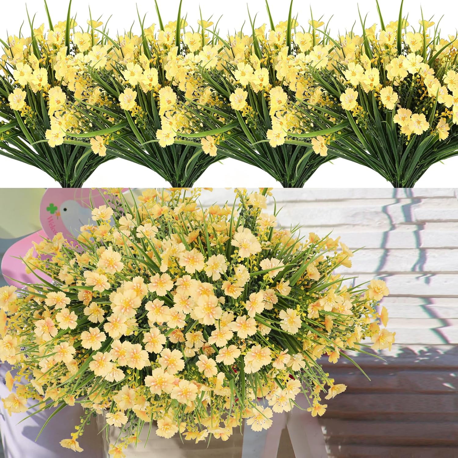 6 Bundles Artificial Fake Flowers, UV Resistant White Summer Flowers, Faux Plastic Flowers for Outdoor Hanging Planters Garden Porch Window Outside Home Decor
