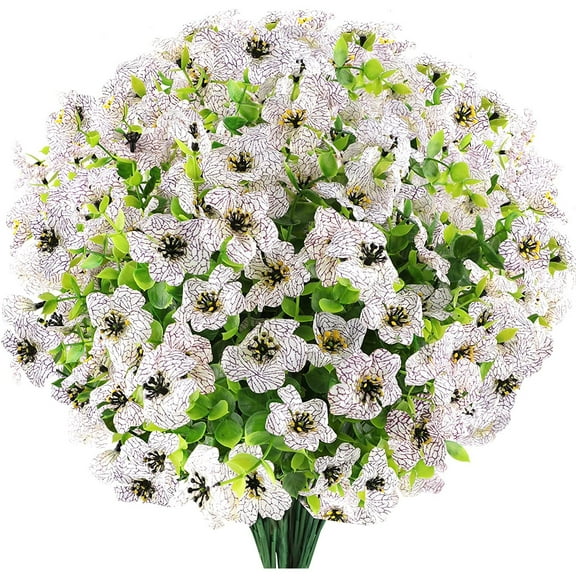 6 Bundles Artificial Flowers Outdoor UV Resistant No Fade Faux Plastic Greenery Shrubs Fake Plants for Outside Indoor Garden Porch Window Box Decoration(White)
