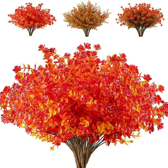 6 Bundles Artificial Fall Flowers, Outdoor UV Resistant Flowers Shrubs for Autumn Floral Arrangement Hanging Baskets Home Garden Decor (Gold red)