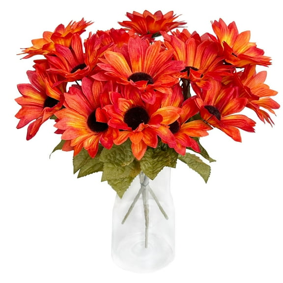 6 Bundles Artificial Fall Flowers for Outdoors, Fake Mums for Outside Porch Decor, Sunflowers Wedding Bouquet Faux Silk Flowers with Stems for Autumn Decoration (Vase Not Included)