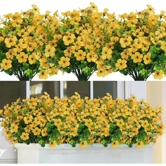 6 Bundles Artificial Flowers Outdoor UV Resistant Fake Silk Flowers Faux Plastic Plants Garden Porch Window Box Pot Spring Summer Home Floral Decorations (Yellow)