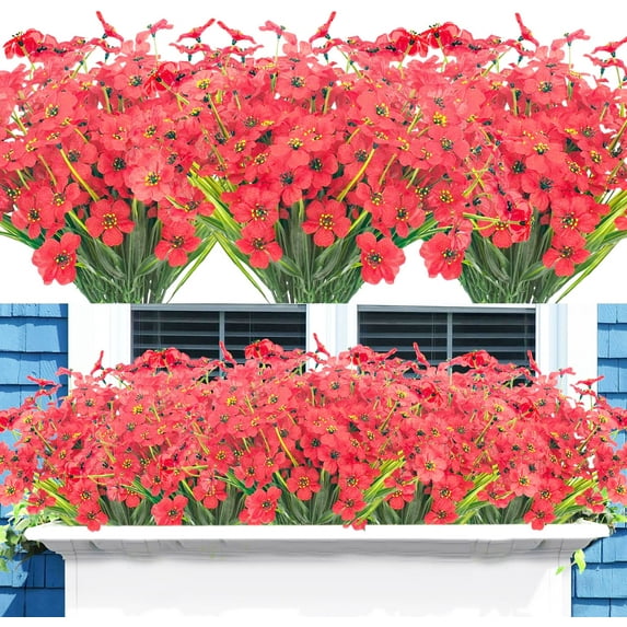 6 Bundles Artificial Flowers Outdoor UV Resistant Fake Violets Flowers No Fade Faux Greenery Plastic Plants for Garden Porch Window Box Decoration(Red)