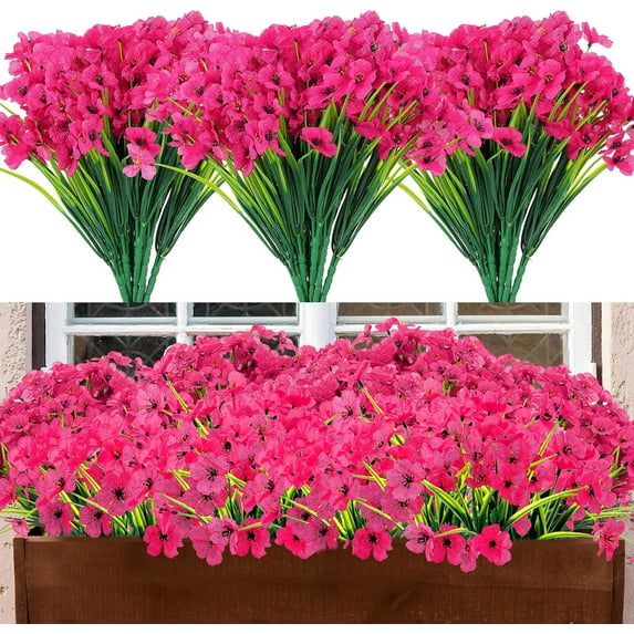 6 Bundles Artificial Flowers for Outdoors, Fake Silk Violet Flowers Faux Plants UV Resistant for Hanging Planters Window Box Front Porch Indoor Outside Decorations (Rose Red)