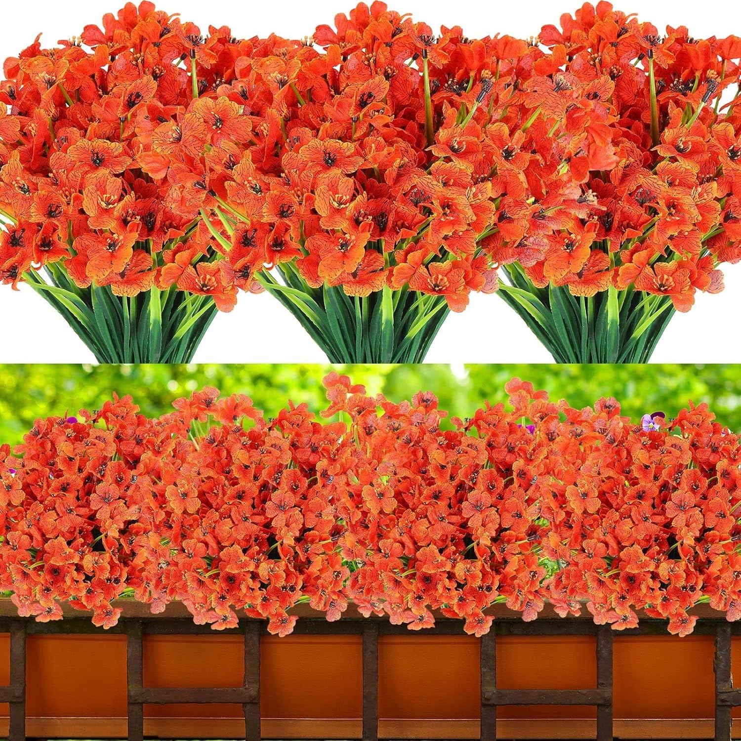 6 Bundles Artificial Flowers for Outdoors, Fake Silk Violet Flowers Faux Plants UV Resistant for Hanging Planters Window Box Front Porch Indoor Outside Decorations (Orange)