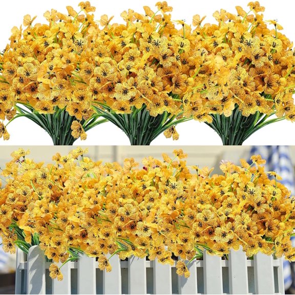 6 Bundles Artificial Flowers for Outdoors, Fake Silk Violet Flowers Faux Plants UV Resistant for Hanging Planters Window Box Front Porch Indoor Outside Decorations (Yellow)