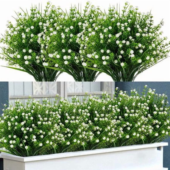 6 Bundles Artificial Flowers for Outdoors, Real Touch Fake Baby’s Breath UV Resistant No Fade Faux Plastic Plants for Garden Patio Porch Window Box Home Wedding Decoration, White