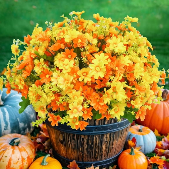 6 Bundles Artificial Flowers for Outdoors UV Resistant Fake Daisy Mums Flowers Bulk No Fade Greenery Shrubs for Outside Home Wedding Window Box Garden Porch Fall Décor (Orange Yellow)