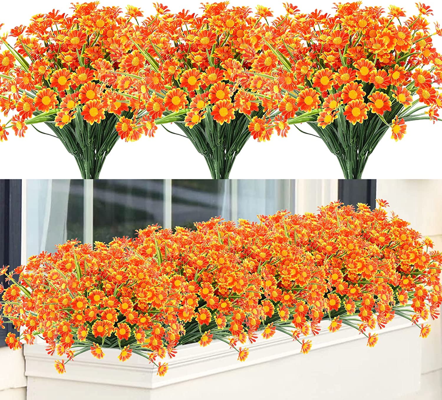 6 Bundles Artificial Flowers Plants for Outdoors, Uv Resistant Fake Plants Plastic Faux Flowers for Home Wedding Party Outdoor Indoor Garden Decor, Orange Red