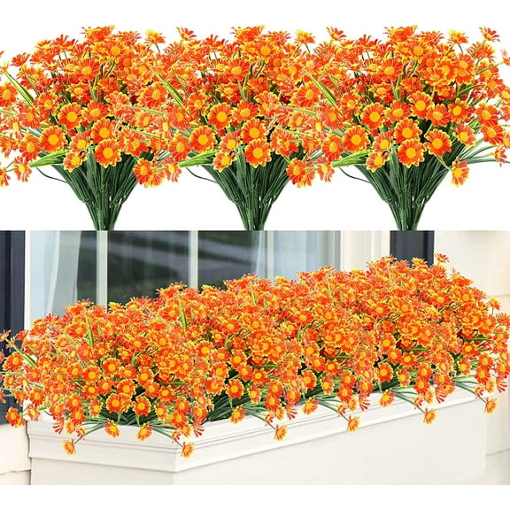 6 Bundles Artificial Flowers Plants for Outdoors, Uv Resistant Fake Plants Plastic Faux Flowers for Home Wedding Party Outdoor Indoor Garden Decor, Orange Red