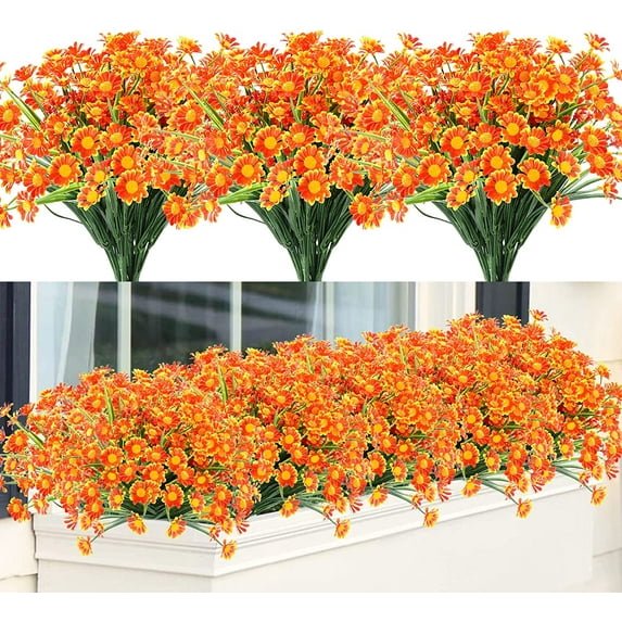 6 Bundles Artificial Flowers Plants for Outdoors, Uv Resistant Fake Plants Plastic Faux Flowers for Home Wedding Party Outdoor Indoor Garden Decor, Orange Red