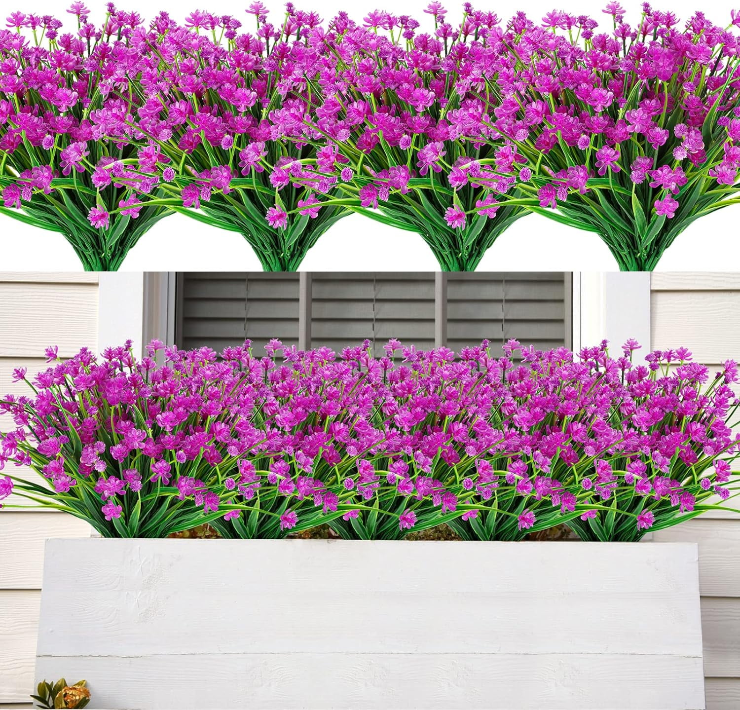6 Bundles Artificial Flowers for Spring Decoration, Outdoor UV Resistant Fake Flowers No Fade Faux Plastic Plants for Indoor Outside Window Box Porch Hanging Basket Decor (Magenta-camellia)