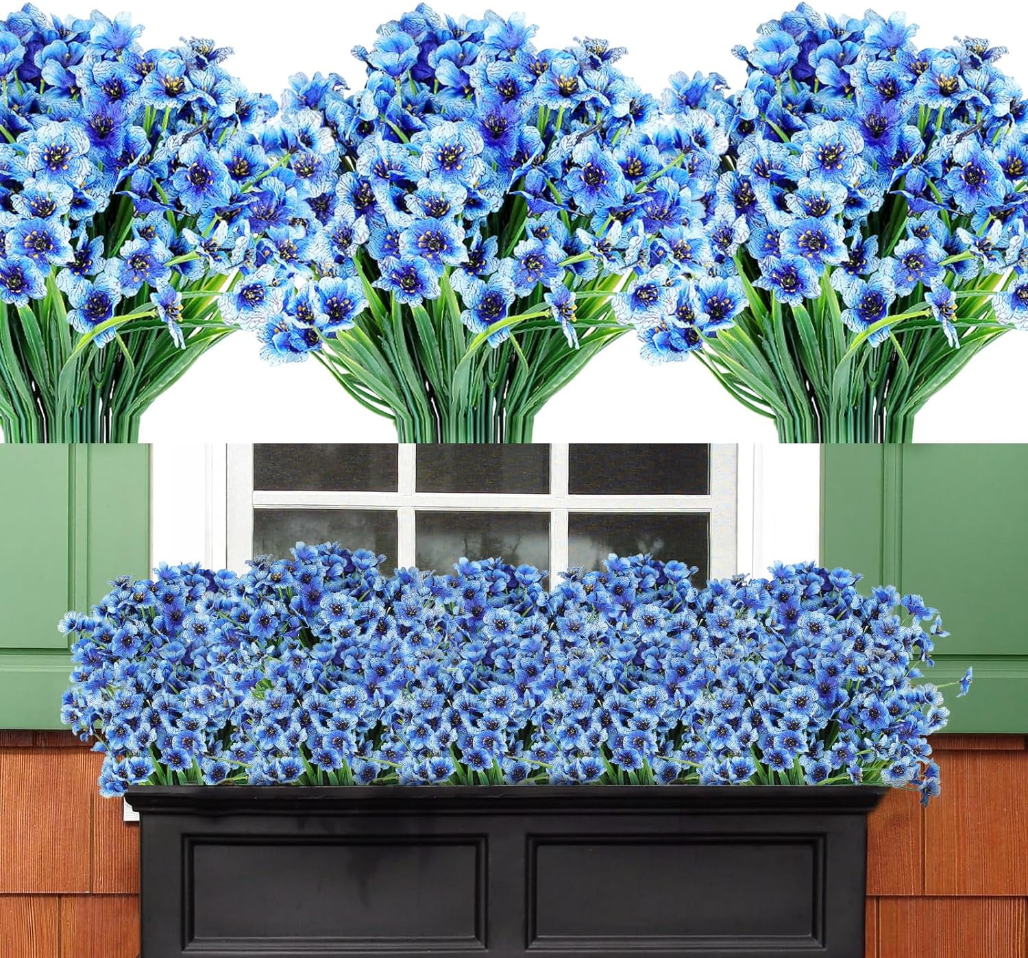6 Bundles Artificial Flowers for Spring Decoration, Outdoor UV Resistant Fake Silk Flowers No Fade Faux Plastic Plants for Indoor Outside Window Box Porch Hanging Basket Decor (Blue-violet)