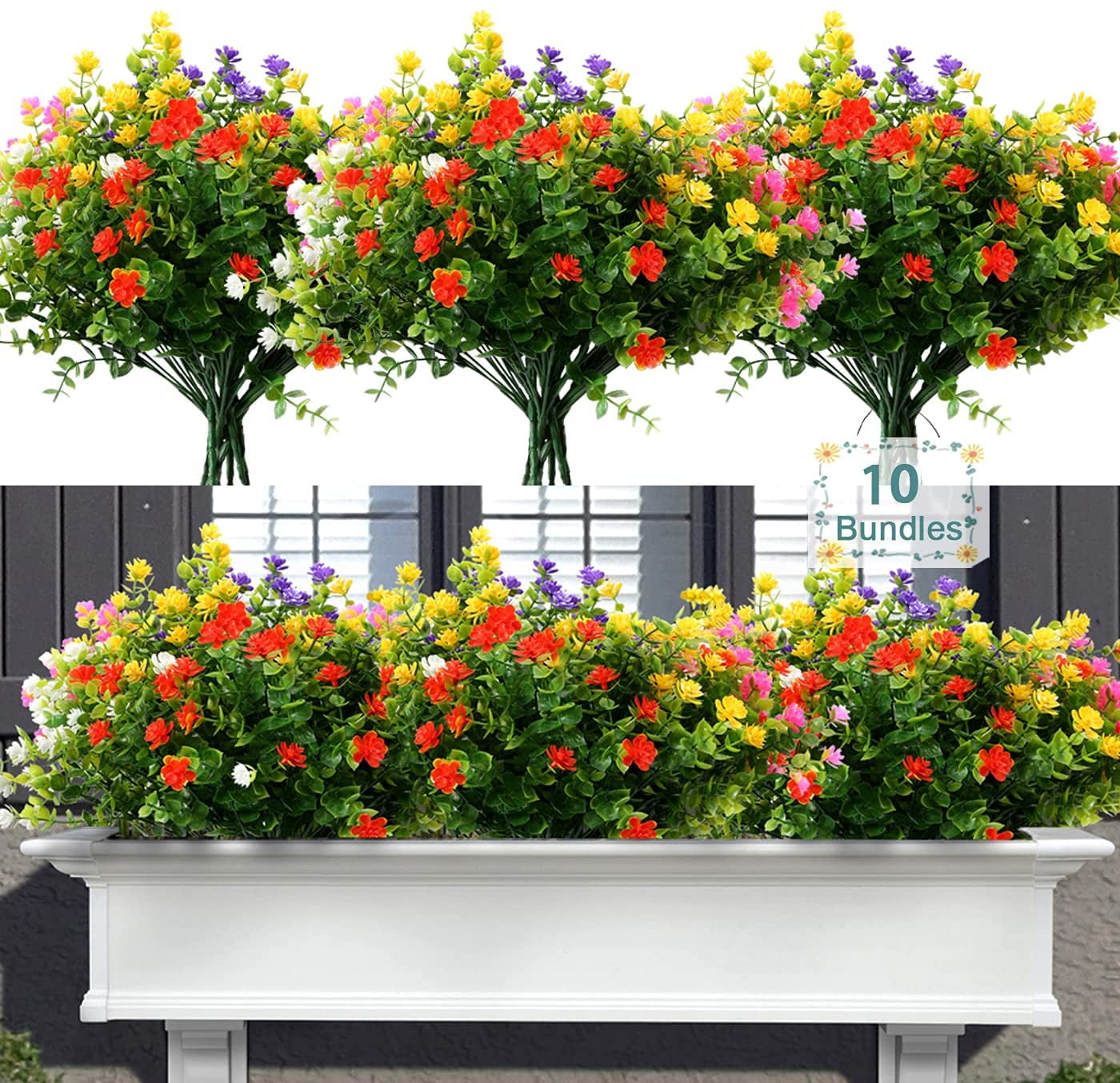 6 Bundles Artificial Flowers for Outdoors, Fake Mums UV Resistant Plants with Flowers Faux Plastic Plants for Outside Planter Window Box-Yellow