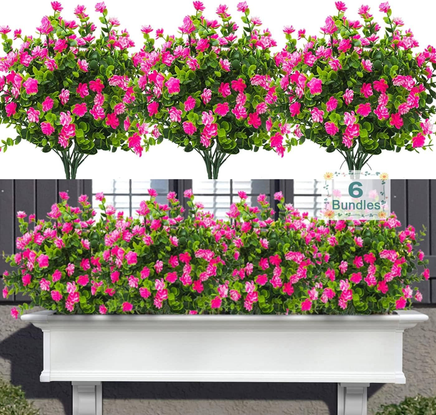 6 Bundles Artificial Flowers for Outdoors, Fake Mums UV Resistant